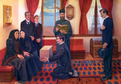 Павел Шатев ја предава главата на гемиџијата Марко Бошњаков на неговото семејство во Охрид, 1908 г.