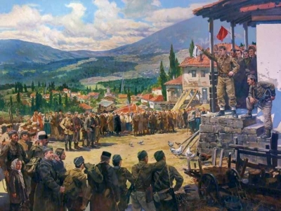 Објавување на манифестот на ГШ на НОВ на Македонија во с. Црвена вода, 1943 г.